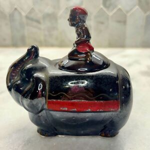 Vintage Elephant Boy Rider Pottery Ceramic Sugar Bowl Or Trinket Brown 5"